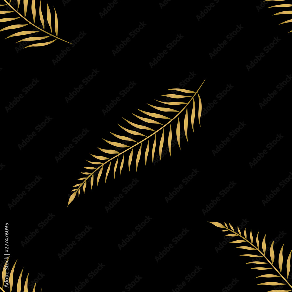 Gold palm leaves seamless pattern. Gold leaf on black background ...