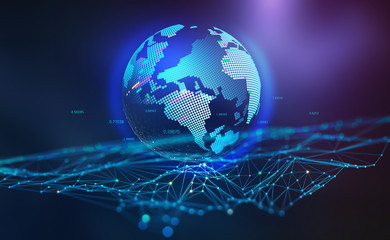 Fototapete - Global wireless network. Blockchain technology in digital future. Peering database. 3D illustration of a hologram of globe on a polygonal grid