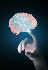 Poster - Businesswoman using digital 3D projection of a human brain 3D rendering