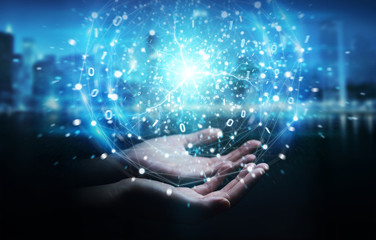 Wall Mural - businessman hand creating renewable and sustainable eco energy with electrical sphere 3d rendering