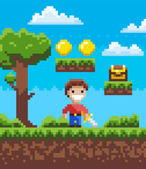 Wall Mural - Smiling knight character holding steel, step with coins and box, tree and bush, adventure pixel game, male with galive outdoor, person on ground vector