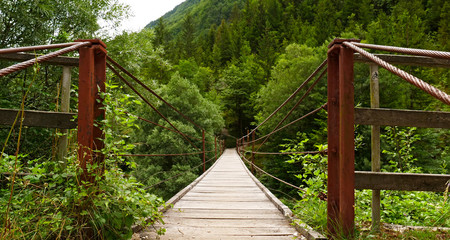 Wall Mural - pont en bois suspendu, rivière de la soca en slovénie