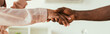 cropped view of african american woman shaking hands with african american handyman, panoramic shot