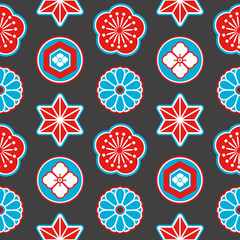 Asia style seamless pattern with red and blue Japanese ornamental flowers and geometrical elements on dark black background