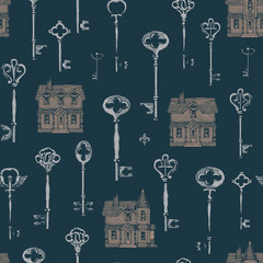 Wall Mural - Vector seamless pattern with vintage keys and old houses in retro style. Hand drawn illustrations on the dark background. Wallpaper, wrapping paper, fabric, textile