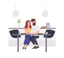 Wall Mural - Lovely couple sitting at cafe table and embracing each other. Happy boyfriend and girlfriend. Young man and woman in love. Cute funny boy and girl on romantic date. Flat cartoon vector illustration.