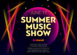 Horizontal summer music show poster with bright color graphic elements, dark background and text.  