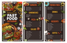 Fast Food Vector Menu Template In Sketch Style. Design For Restaurant Menu With Hand Drawn Illustrations Of Burger, Drink, French Fries, Pizza On Chalckboard