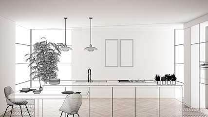 Empty white interior with white ceramic tiles floor, custom architecture design project, black ink sketch, blueprint showing modern kitchen, concept, mock-up, architect idea