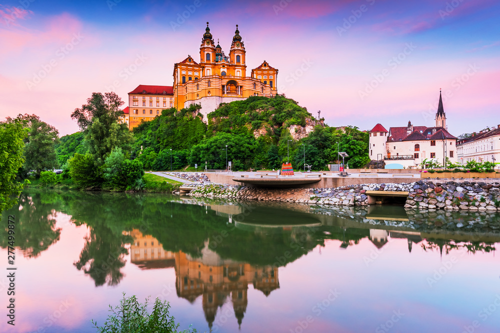 Melk, Austria. Benedictine abbey in Wachau valley at sunset. - obrazy, fototapety, plakaty 