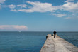 © Alina - Blue sea under clouds sky with the ship on the horizon and man on the pier