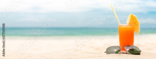 Refreshing Tropical Fruit Juice Drinks With Sunglasses On Summer