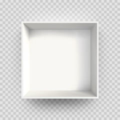 White box mock up 3D model 3D top view shadow. Vector isolated blank cardboard open white paper box package template on transparent background