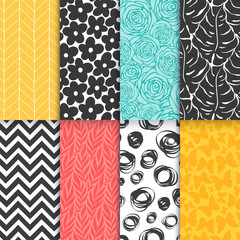 Wall Mural - Monstera, roses, leaves, geometric seamless pattern set. Organic simple background collection. Vector illustration