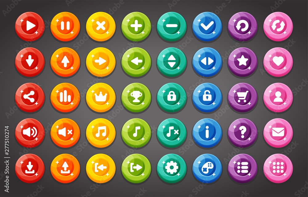 Flat round game buttons in flat cartoon style Stock Vector | Adobe Stock