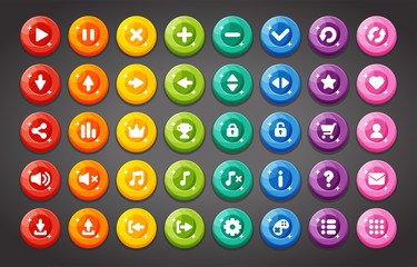 Flat round game buttons in flat cartoon style