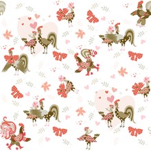 Seamless Pattern With Funny Chickens And Roosters, Red Bows, Maple Leaves, Little Hearts And Pink Flowers On White Background.