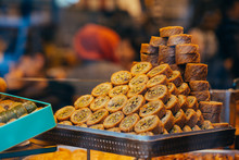 Tipical Turkish Baklava Pastries On Sale At The Market In Istanbul