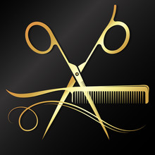 Golden Scissors And Comb With A Curl Of Hair. Design For A Beauty Salon And Hair Stylist