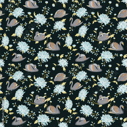 Cotton fabric Beautiful seamless natural pattern with pastel color swans and beautiful big chrysanthemums.