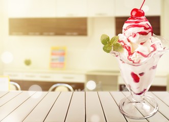 Sticker - Berry ice cream in glass bowl on white background