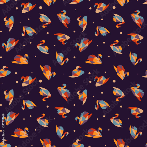 Cotton fabric Seamless pattern with geometric silhouette of swans.