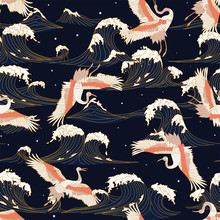 Japanese Storks In Vintage Style On Dark Background. Oriental Traditional Painting. White Stork. Japanese Crane Illustration. Japanese Pattern