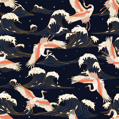 Fototapeta japanese storks in vintage style on Dark background. Oriental traditional painting. White stork. Japanese crane illustration. Japanese pattern