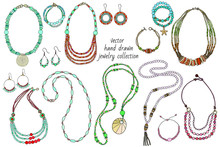 Vector Collection Of Bright Jewelry Boho Chic: Necklace, Earrings, Bracelets, Beads. Hand Drawn