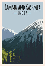 Jammu And Kashmir Retro Poster. Jammu And Kashmir Travel Illustration. States Of India Greeting Card.