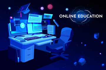 Online education banner, student workplace with computer table, Pc monitor and armchair, home working place desk, remote studying, academic cap, neon glowing futuristic background. Cartoon vector