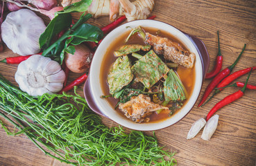 Canvas Print - Sour soup with prawn and omelette ,Thai traditional food