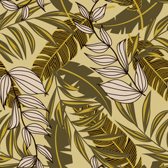  Abstract tropical seamless pattern with colorful leaves and bright plants on yellow background. Vector design. Jungle print. Floral background. Printing and textiles. Exotic tropics. Fresh design.