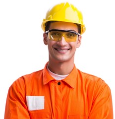 Construction worker wearing hard hat isolated on white