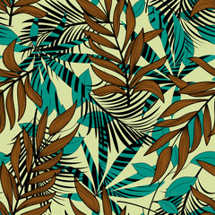  Abstract bright seamless background with colorful tropical leaves and flowers on beige background. Vector design. Jungle print. Floral background. Printing and textiles. Exotic tropics. Fresh design.
