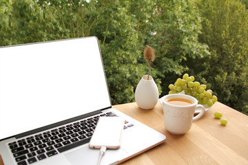 blank white blank for text on the monitors of a laptop and a smartphone and a white cup with tea and grapes nearby, a freelancer workplace at a computer outside the garden