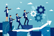 Concept Of Teamwork In Business Company. Business Team Walking To Success. Female Boss Showing Way To Future Success. Mutual Support And Assistance In Work. Vector Colorful Illustration