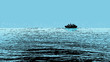 Illustration of a refugee boat on the sea. Pop art in black and blue colors.