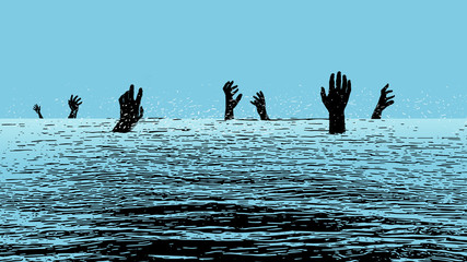 Illustration of hands of several people drowning in the sea and reaching for the last rescue. Popart in black and blue colors.