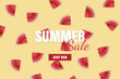 Summer sale banner. Special offer poster discount on the yellow background with red watermelon. Fruit pattern