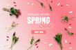 Spring sale banner. Special offer poster discount on the pink background with tulips flatlay top view. Flowers layout