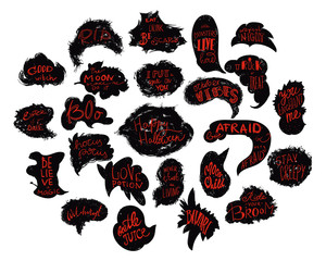 Happy Halloween. Grunge speech bubbles with Halloween quotes lettering set. Design elements, logos, badges, labels, stickers. Hand drawn vector illustration