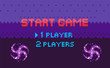 © robu_s - Start game, choose player, space pixel game in purple color decorated by stars, screen of war video-game with wye sign, shine element, adventure vector, menu for pixelated app games