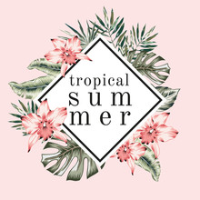 Design Frame With Pink Orchid Flowers, Palm Leaves, Text Tropical Summer, Pink Background. T Shirt, Card, Poster Template. Vector Illustration. Summer Beach Floral Print