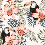 Fototapeta Fototapety do pokoju - Toucans, pink orchid flowers, palm leaves bouquets background. Vector floral seamless pattern. Tropical illustration. Exotic plants, birds. Summer beach design. Paradise nature