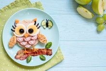 Fun Food For Kids - Cute Little Owl Sandwich Toast With Sausages And Eggs