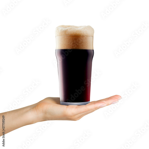 Cuadros en Lienzo Woman hand holding mug of beer with foam on white background