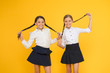 © be free - Happy childhood. School moments. Kids cute students. Education is not only about knowledge. Classmates having fun at school Friends adorable pupils. Schoolgirls formal style perfect school uniform