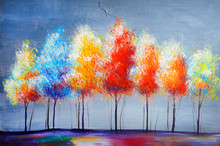 Oil Painting Landscape, Abstract Colorful Gold Trees