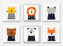 Animals Set Including Wolf, Bear, Fox, Panda, Cat, Lion. Cute Hand Drawn Doodle Cards, Postcard, Posters With Animals For Kids